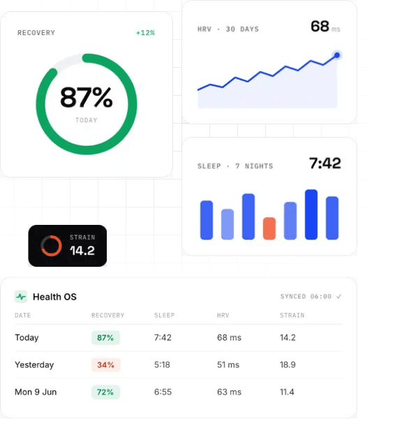 The Nofition dashboard in Notion: recovery ring, HRV trend, sleep bars and the synced Health OS table